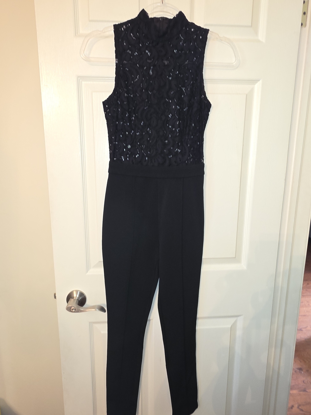 Bebe Black Sequin Lace Mock Neck Jumpsuit